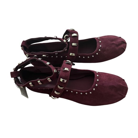 Zara Studded Suede Ballet Flats - Burgundy Red - Size 10 - Ankle Strap - Chic - Picture 2 of 9